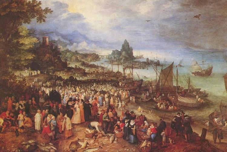 Jan Brueghel Sea port with the lecture of Christ Germany oil painting art